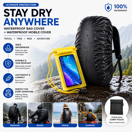 Waterproof Backpack Rain Cover & Waterproof Mobile Pouch Combo | Dustproof Bag Cover with Phone Cover | Monsoon , Travel, Trekking, School & Bike Rain Protection