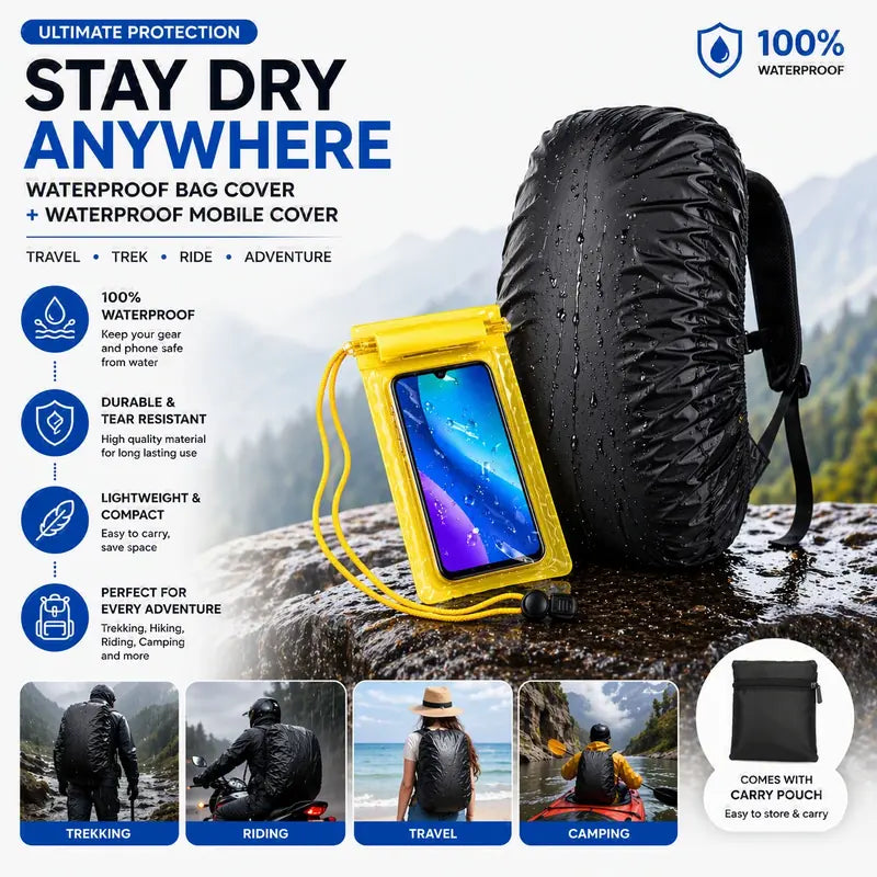 Waterproof Backpack Rain Cover & Waterproof Mobile Pouch Combo