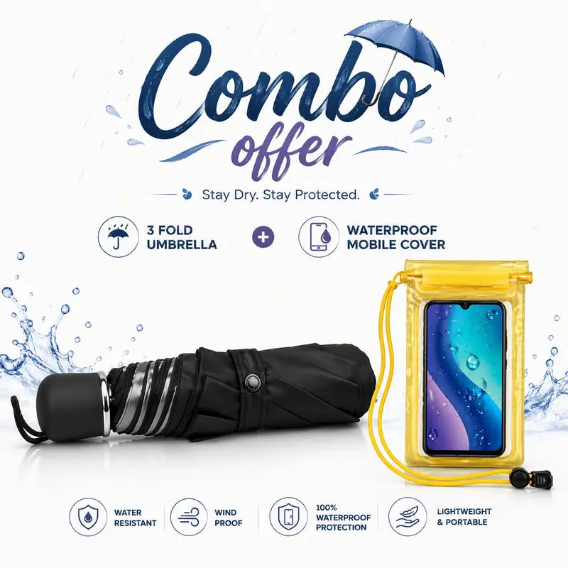 Waterproof UV Protection Foldable Umbrella + Waterproof Mobile Cover Combo