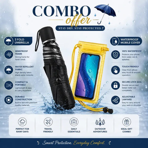 Waterproof UV Protection Foldable Umbrella + Waterproof Mobile Cover Combo