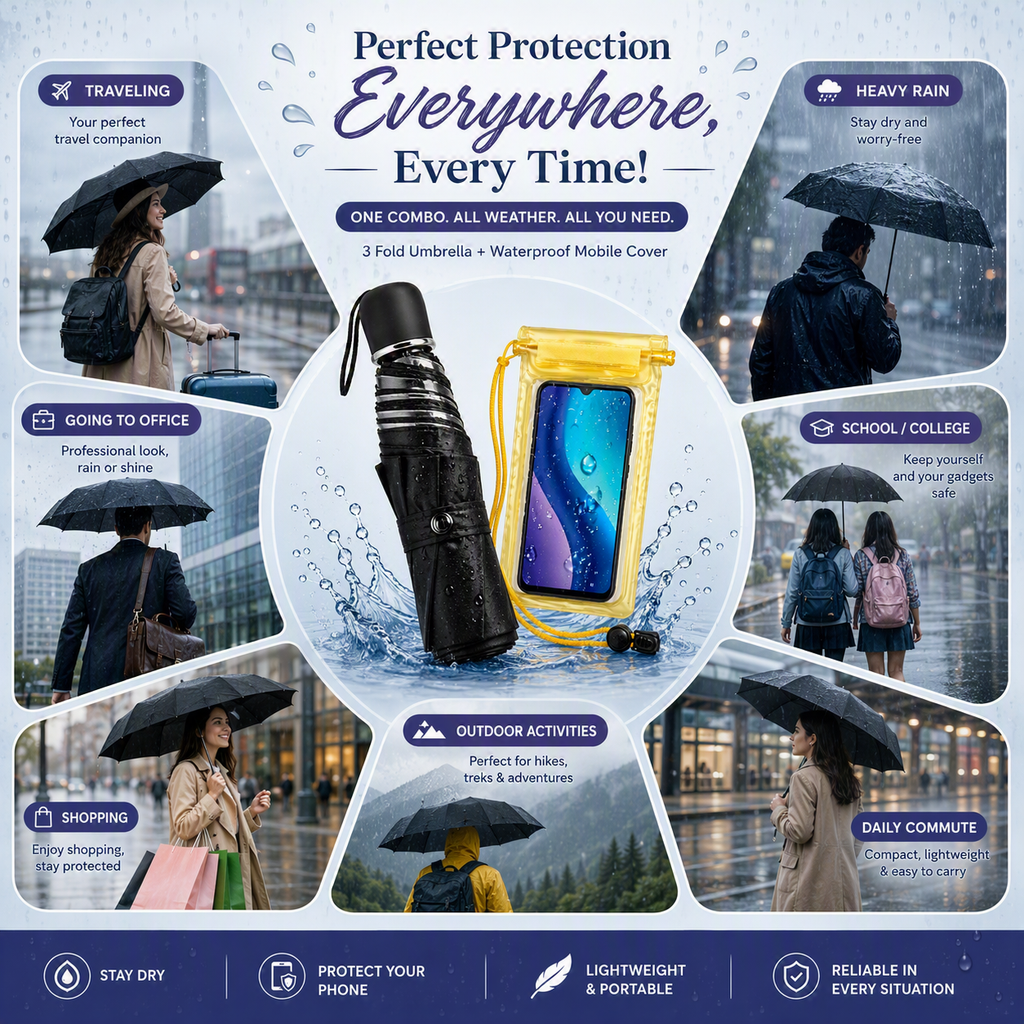 Waterproof UV Protection Foldable Umbrella + Universal Waterproof Mobile Cover Combo | Dustproof 3- Fold Travel Umbrella with Waterproof Phone Pouch for Men &amp; Women