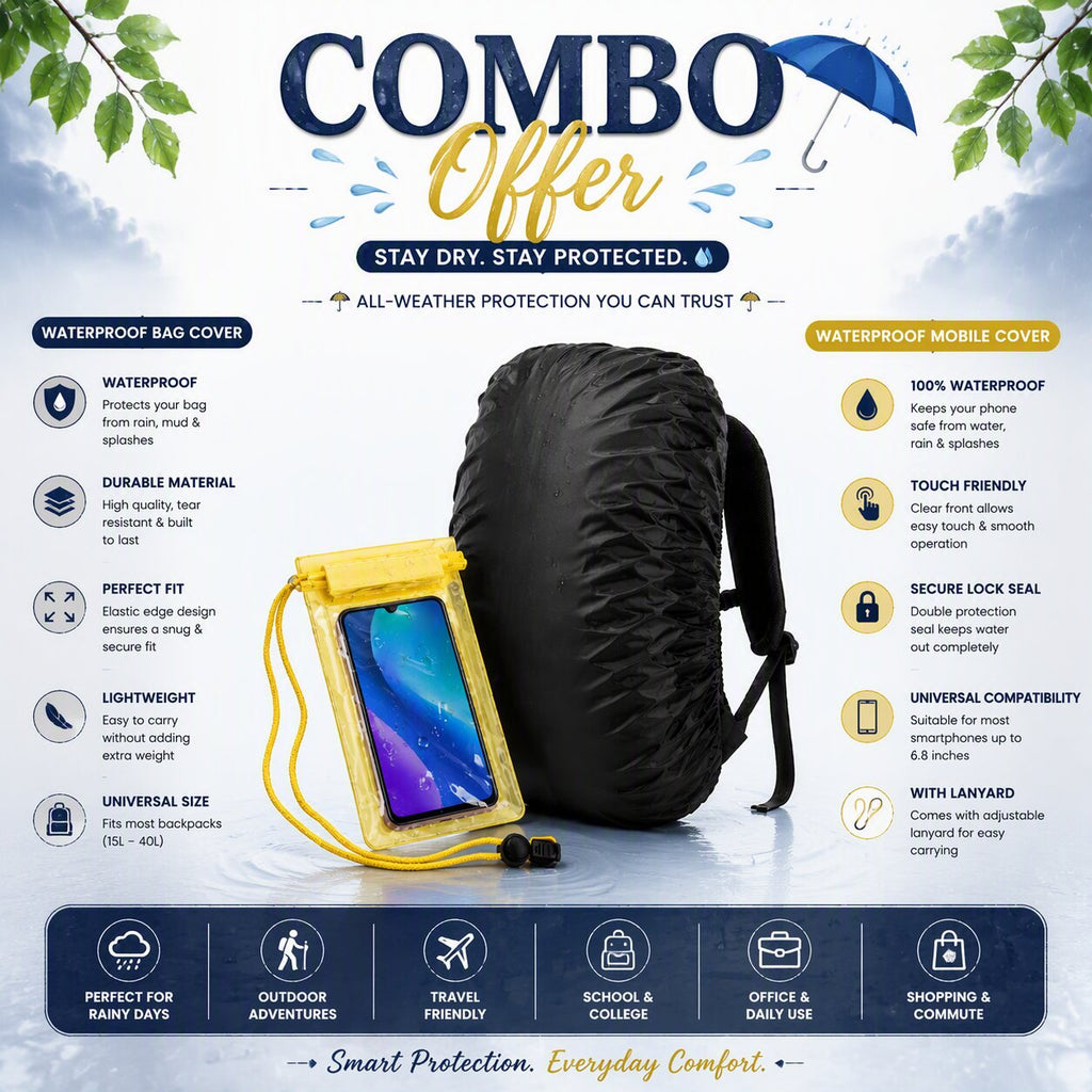 Waterproof Backpack Rain Cover & Waterproof Mobile Pouch Combo | Dustproof Bag Cover with Phone Cover | Monsoon , Travel, Trekking, School & Bike Rain Protection