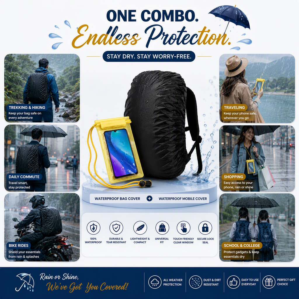 Waterproof Backpack Rain Cover & Waterproof Mobile Pouch Combo | Dustproof Bag Cover with Phone Cover | Monsoon , Travel, Trekking, School & Bike Rain Protection