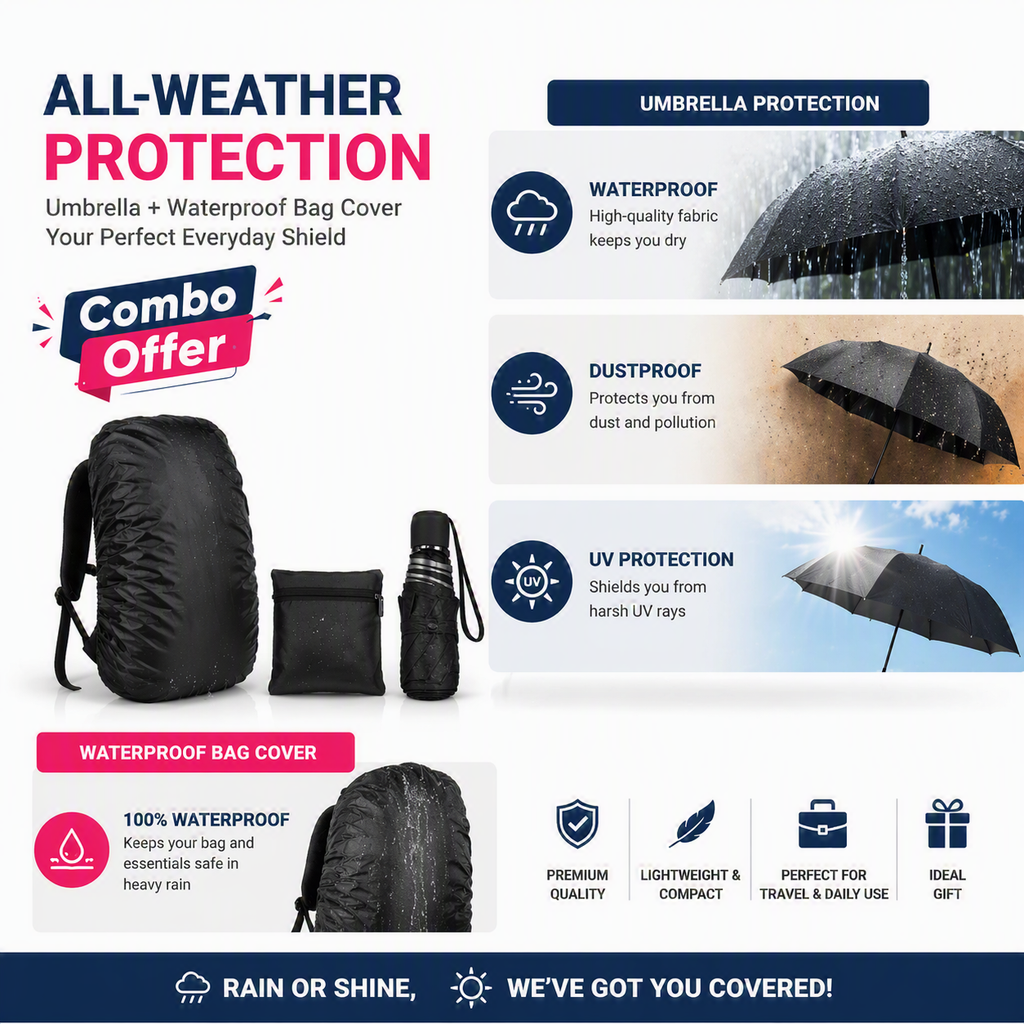 ☂️3 Fold Compact Waterproof UV Protection Umbrella + 🎒Waterproof Backpack Rain Cover Combo | Monsoon Rain Protection Kit for Men and Women