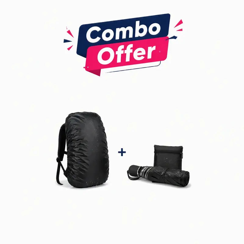 3 Fold Compact Waterproof UV Protection Umbrella + Waterproof Backpack Rain Cover Combo