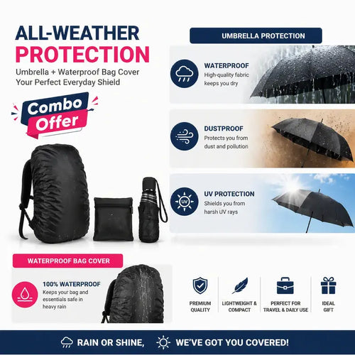 3 Fold Compact Waterproof UV Protection Umbrella + Waterproof Backpack Rain Cover Combo