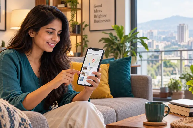 A customer in Pune searching for a local business on her phone