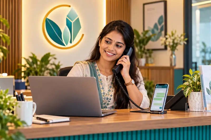 Business front desk receiving customer enquiries by phone and WhatsApp